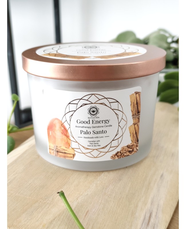 Bougie Green Tree, bougie unique, incrustée de minéraux et fleurs séchées. Mélange de cire de palme & soja et mèche en bois, poi