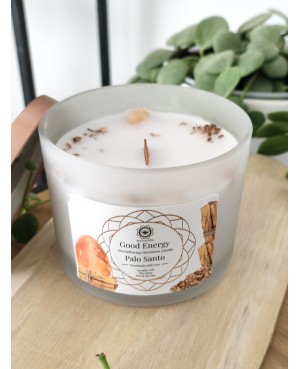 Bougie Green Tree, bougie unique, incrustée de minéraux et fleurs séchées. Mélange de cire de palme & soja et mèche en bois, poi