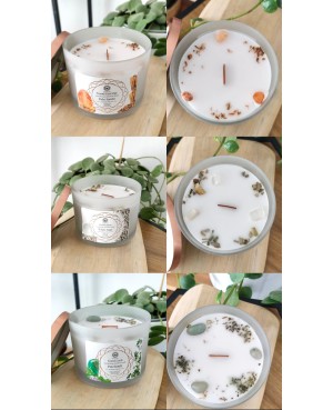 Bougie Green Tree, bougie unique, incrustée de minéraux et fleurs séchées. Mélange de cire de palme & soja et mèche en bois, poi