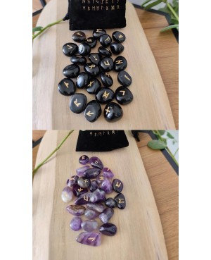 Ensemble de 25 pièces de Rune en pierre, deux déclinaisons : Améthyste ou Obsidienne noire.